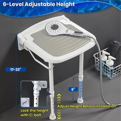 Wall Mounted Folding Shower Seat with Grab Bar Adjustable Height Support 550lbs