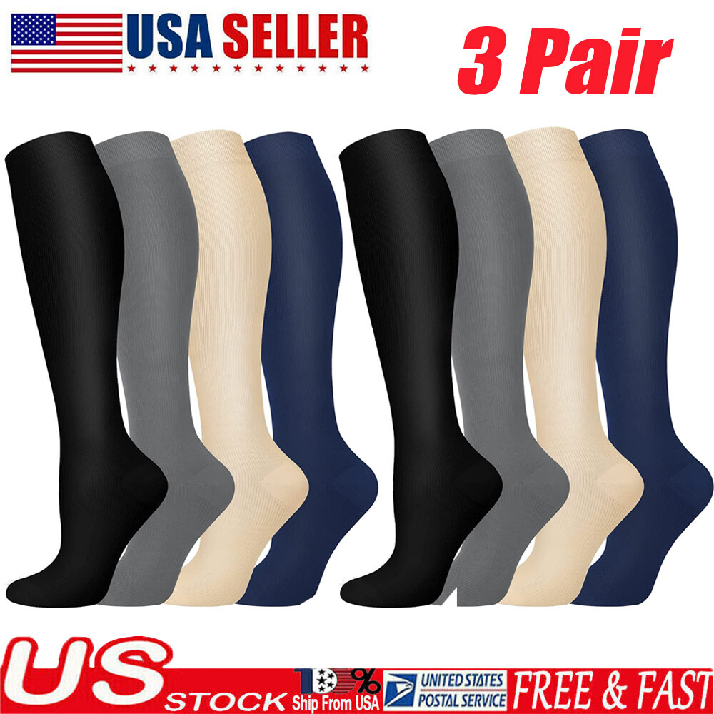 3 Pair Full Compression Socks 10-20 mmhg New Strong Support Stockings Free Ship
