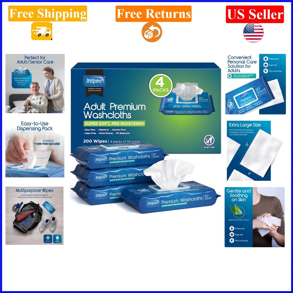 Adult Wet Wipes for Incontinence, 8×12, 200 Count, Aloe Vera & Vitamin E