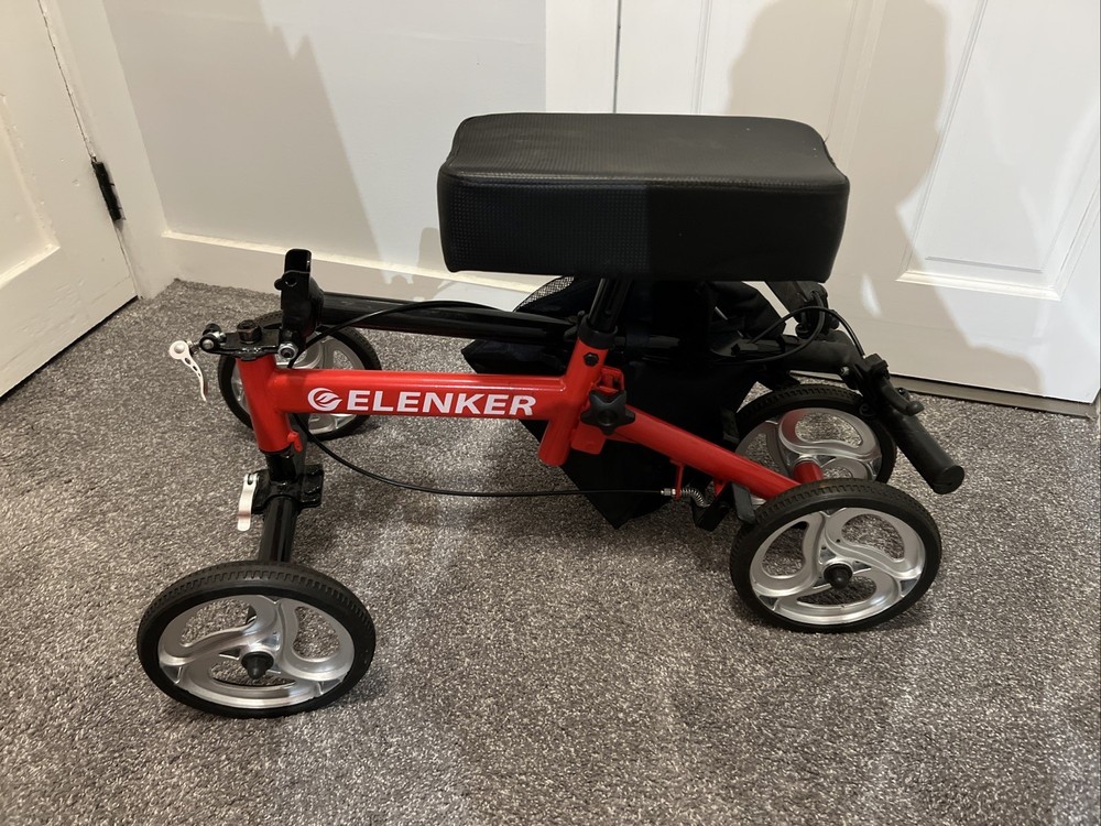 ELENKER Red/Black 4-Wheel Knee Walker Scooter, Adult, Handbrakes