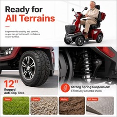 Heavy Duty 4-Wheel Mobility Scooter 25-37 Miles Range 4-Speed, 700lbs Load, Red