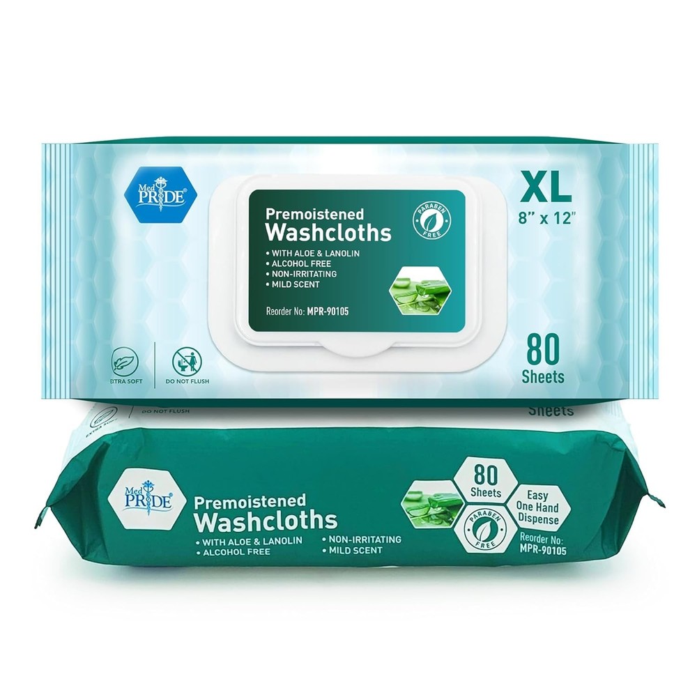 MED PRIDE Disposable XL Premoistened Washcloths 8” X 12” Pack of 80 – Adult Clot