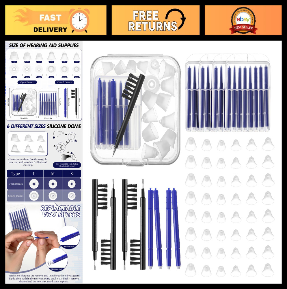 Hearing Amplifier Accessories Kit – 32 Pcs, Silicone Domes, Cleaning Tools & Cas