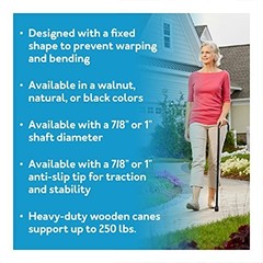 Solid Wood Walking Cane 36 Inch Walnut Finish 250 lb Capacity Rubber Tip for