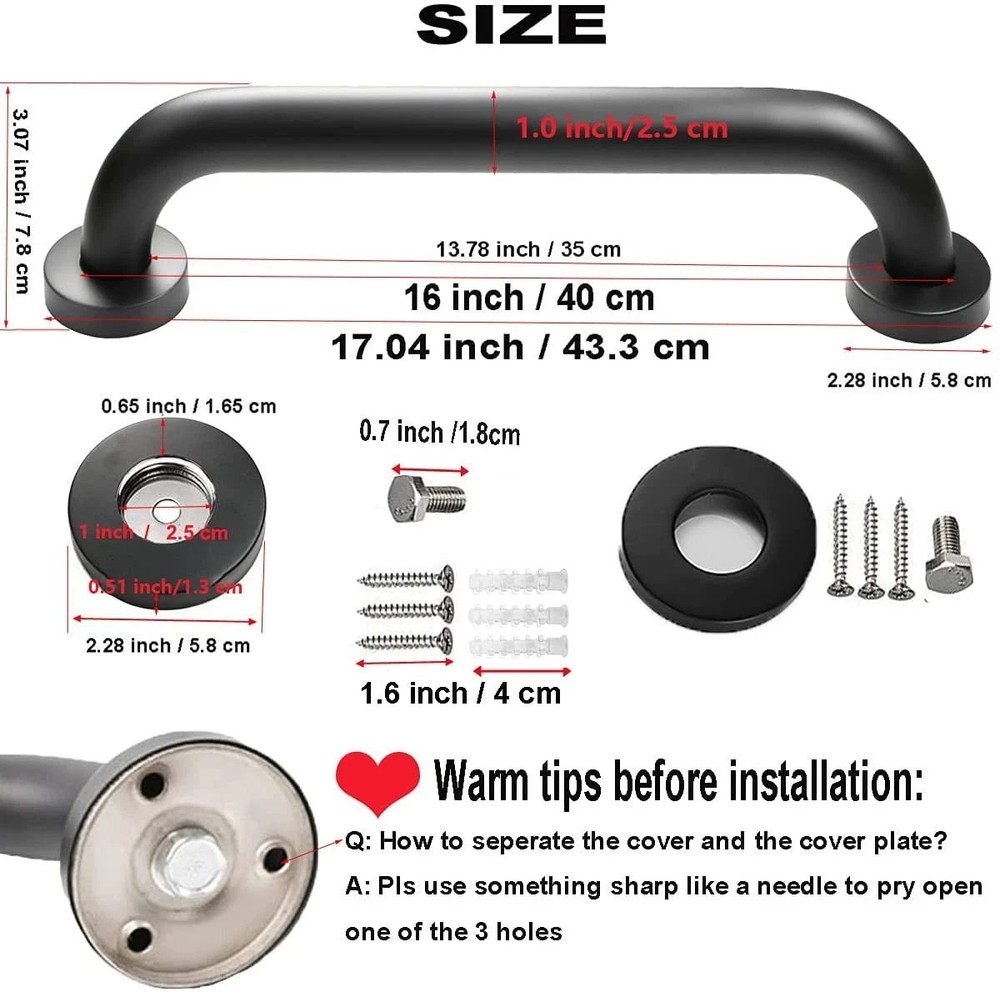 2 Pack Grab Bars 16 Inch, Black Bathroom Handle for Elderly, Stainless Steel :::