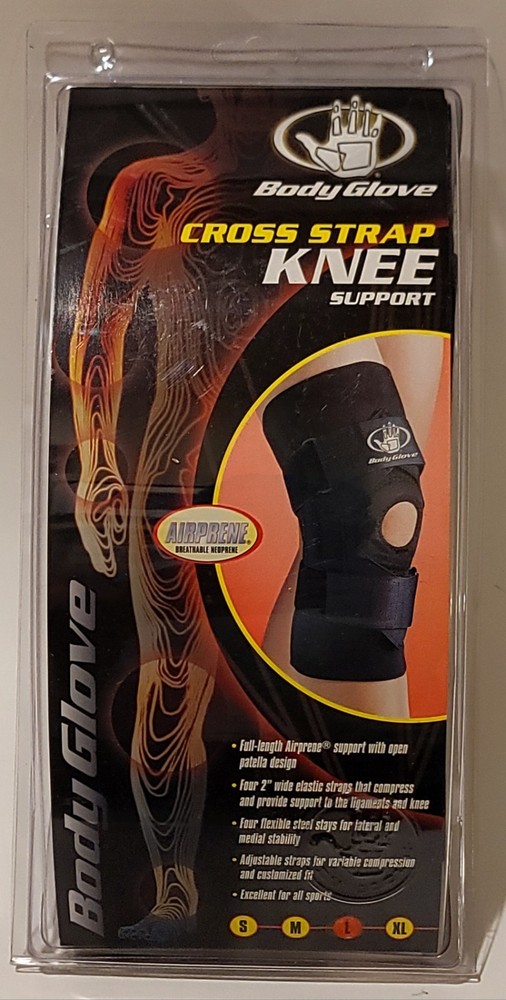 NWB Body Glove Cross Strap Knee Support Black Airprene Breatable Neoprene Sz L