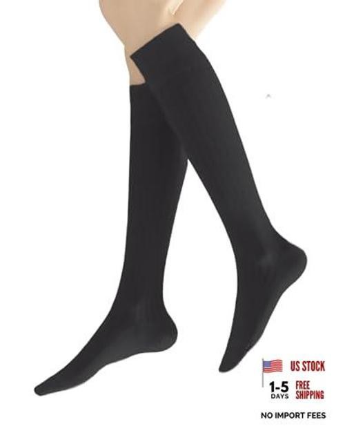 Women’s Knee High Socks – Pure Vertical Stripe Soft Cotton Thin Casual Black