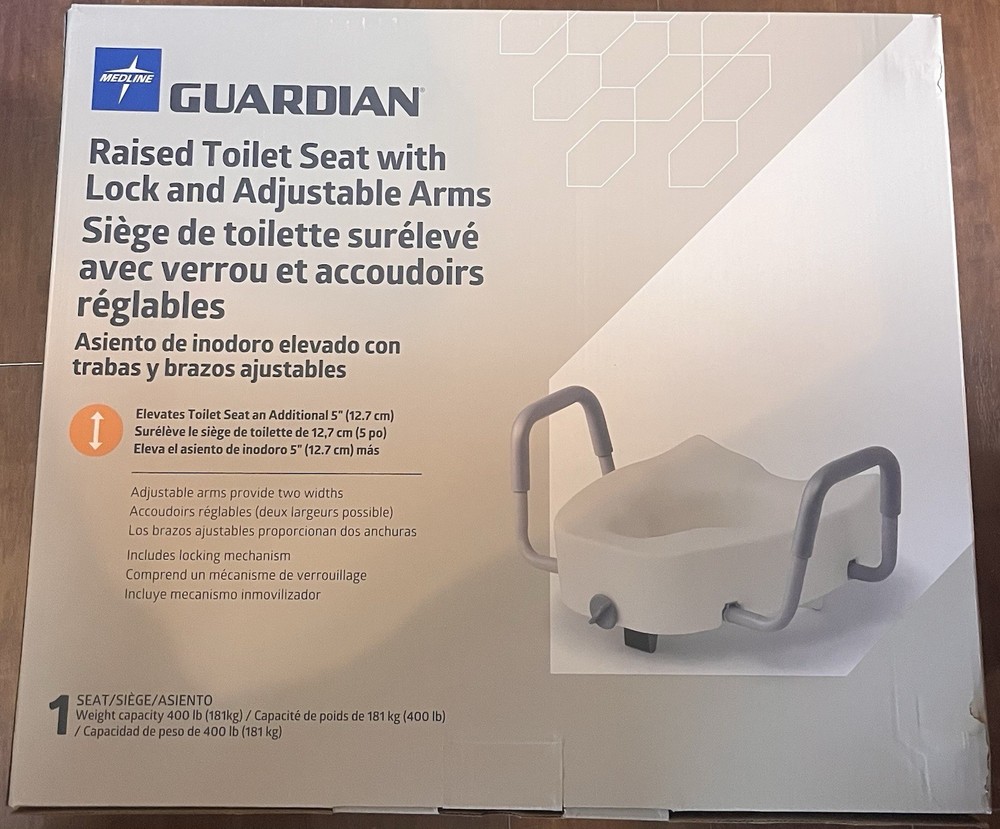 Midline Guardian Raised Toilet Seat W/Lock & Padded Arms 400 Ib Capacity NIB