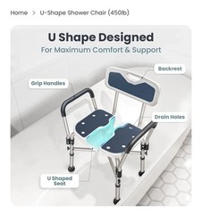 Shower Chair U-Shape Seat (450lb) Dark Blue Heavy Duty – Padded Armrests & Back