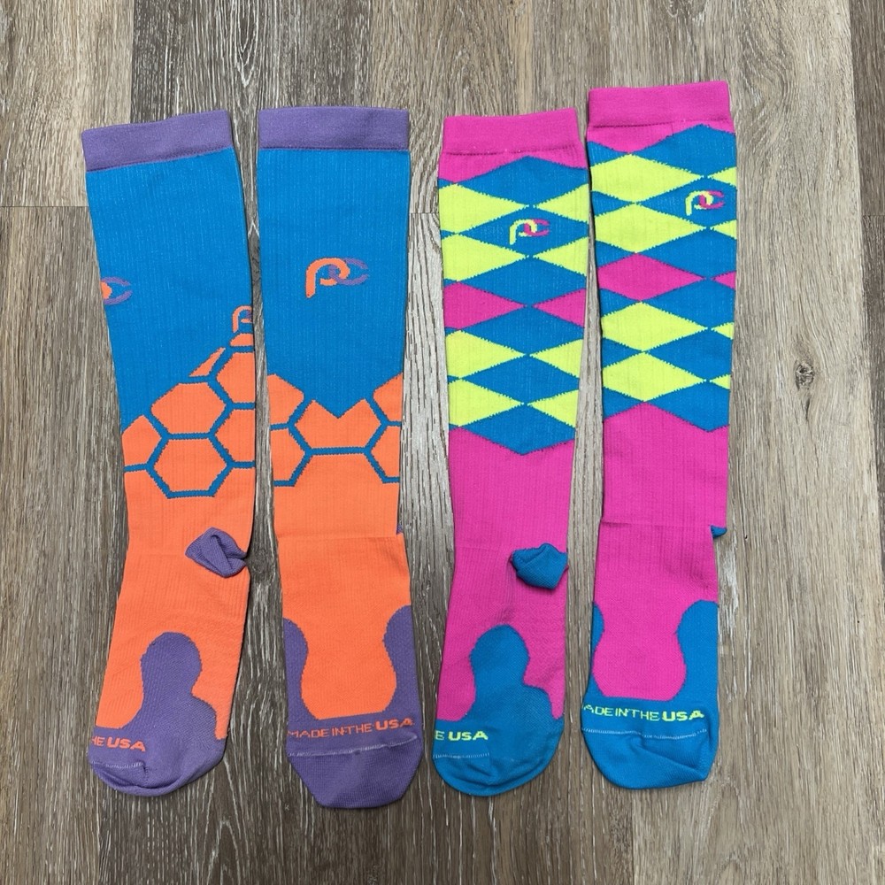 Lot Of 2 PRO COMPRESSION Socks Marathon Running Pink Blue Orange S / M