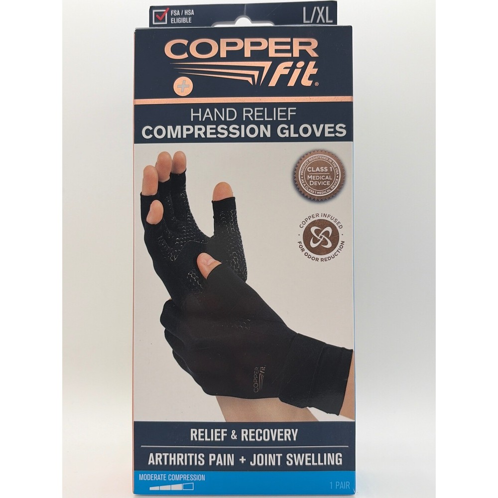 Copper Fit Hand Relief Compression Gloves L/XL Black Arthritis & Joint Relief 2C