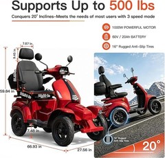 4 Wheel Mobility Scooter 1000W for Seniors & Adults 37 Miles Disc brake 500 LBS
