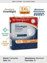 Tranquility Premium OverNight Underwear 3XL10ct Max Absorbent Adult Diaper Pullu