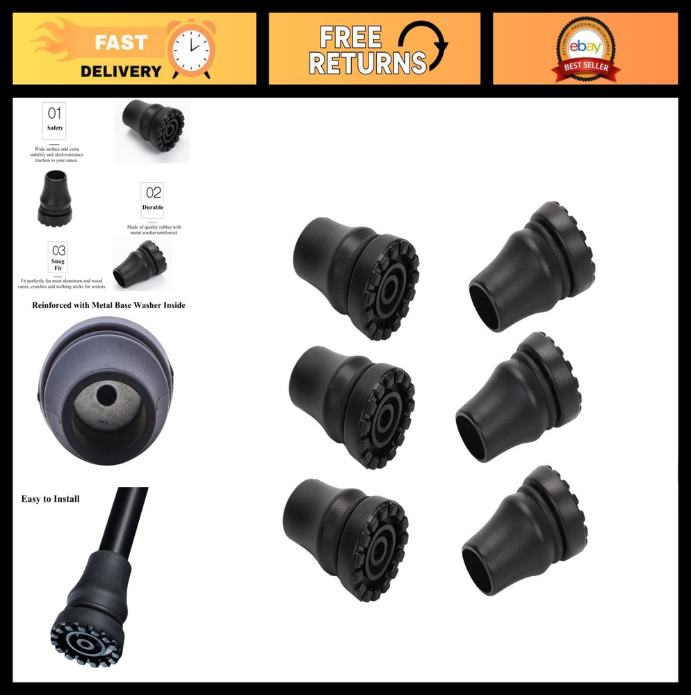 6 Pack Rubber Cane Tips Replacement – Non-Slip, Assorted Sizes 3/4“ 5/8“ 7/8“