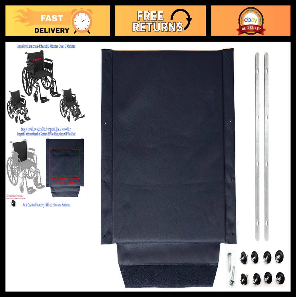 Universal Wheelchair Replacement Back 16″x17″ Nylon Fabric with Storage Bag & Ha