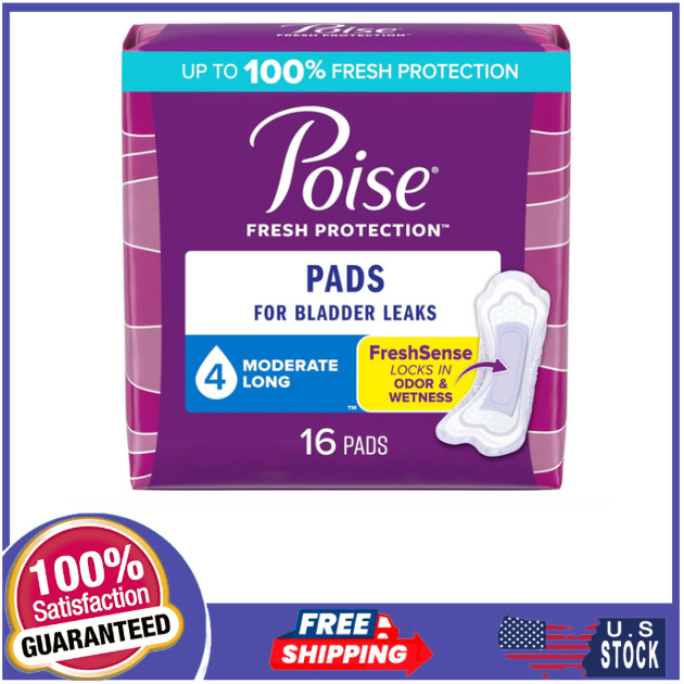 Poise Incontinence Pads for Women, 4 Drop Moderate Absorbency, Long Length,16.pc