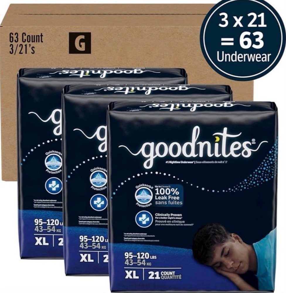 Goodnites Nighttime Bedwetting Underwear, Boys‘ XL (95-140 lb. 63 Ct