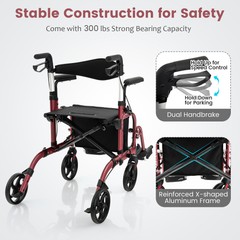 Goplus Foldable Rollator Walker w/ 8” Wheels &Seat Supports up to 300 lbs Red