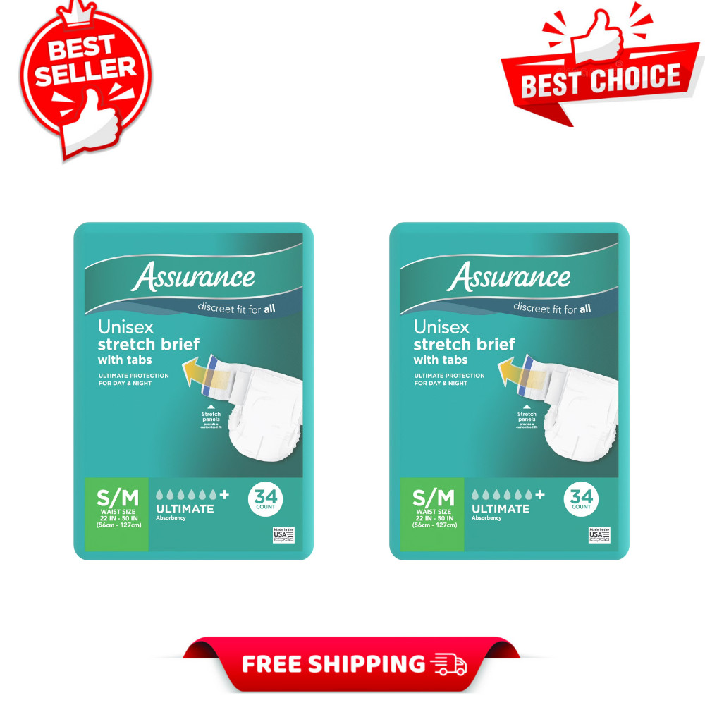 2 Pack Assurance Unisex Stretch Briefs with Tabs S/M 34 Count Each, Total 68 Ct