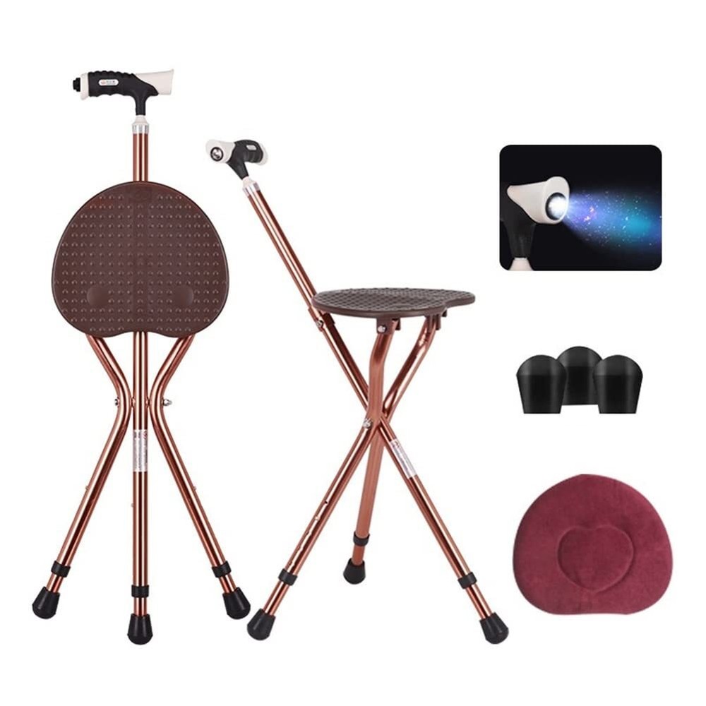 Adjustable Folding Cane with Seat Large Capacity Lightweight Crutch Chair Sto…