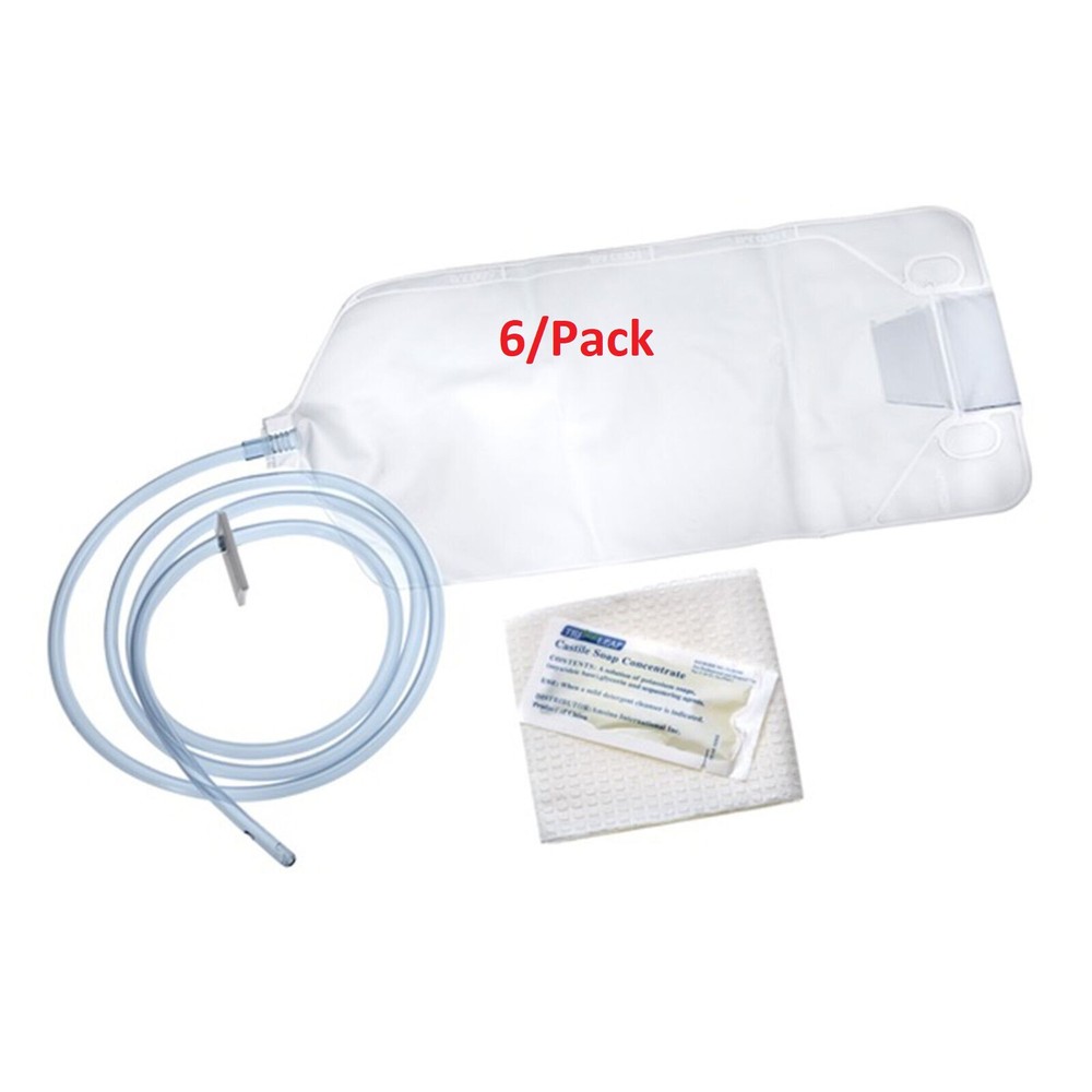 6 Pack, Cleaning Enema Bag Set With Soap & Drape 1500 mL, Slide Clamp, #AS330