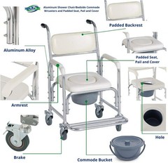 Shower Bedside Commode Chair Padded Seat With Wheels by , Medical Commode Toi…