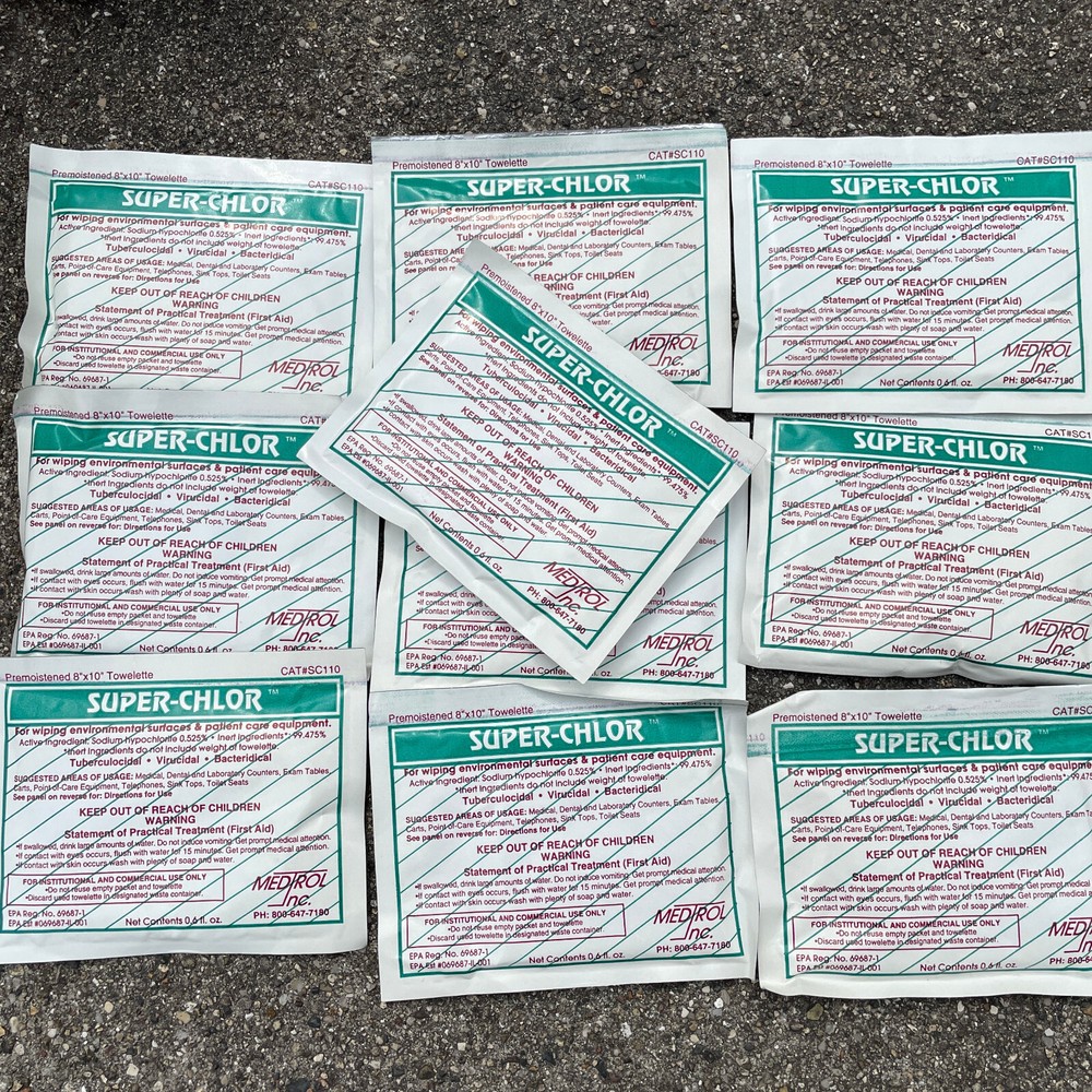 Super-Chlor Disinfectent Pre-Moistened Towelette 8″ x 10″ Lot of 10 Packets