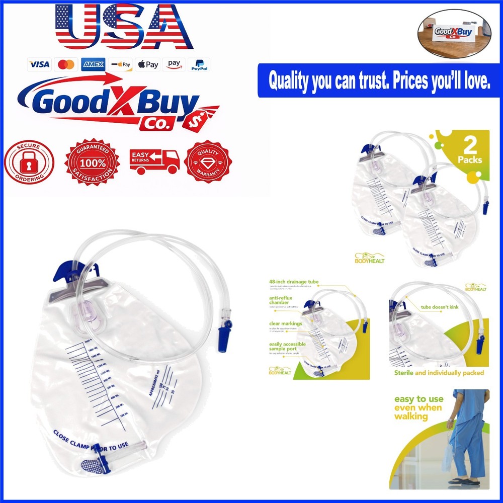 Urinary Drainage Bag 2000mL Vinyl 48″ Tube 2 Pack Anti-Reflux Chambers