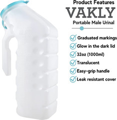 Male Urinal with Glow in The Dark Cover [32oz Pack of 2] Portable Pee Bottles fo