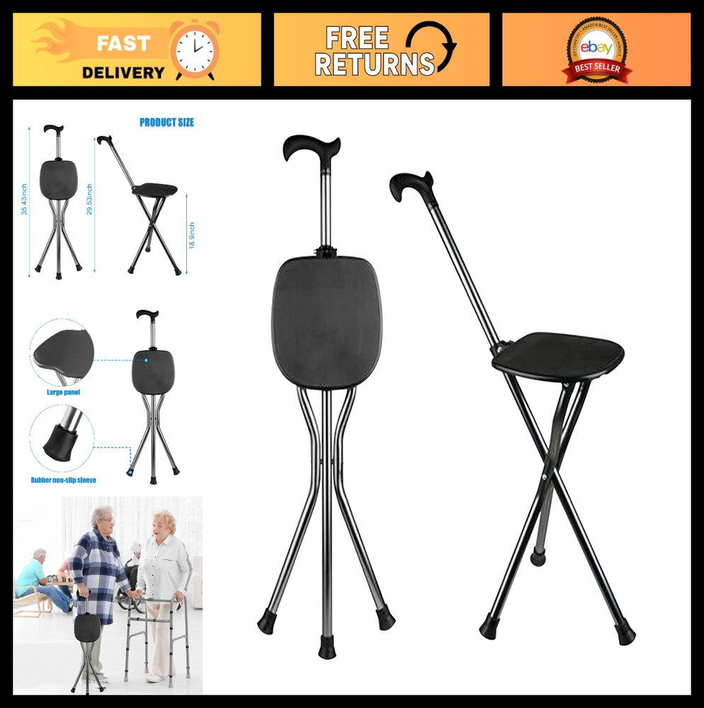 Folding Canes with Seat – Adjustable Height Walking Stick, 440 lbs Capacity, Fro
