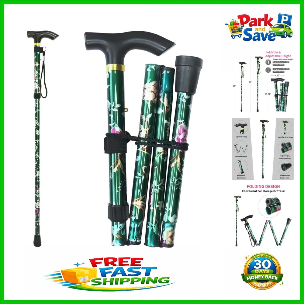 Durable Floral Green Folding Cane – Adjustable Height & Wrist Strap Included