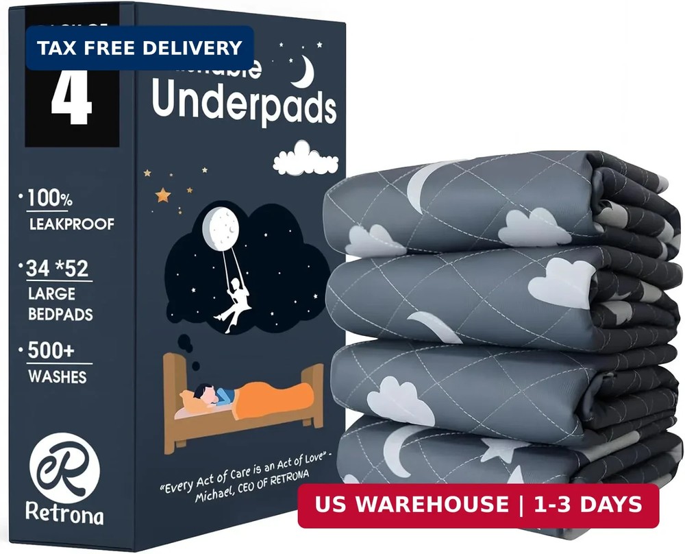 Retrona® Washable Underpads 34″ x 52″ Pack of 4 Heavy Absorbency Reusable Bedwet