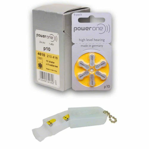 PowerOne Hearing Aid Batteries Size 10, PR70 (60 Batteries) + Battery Holder