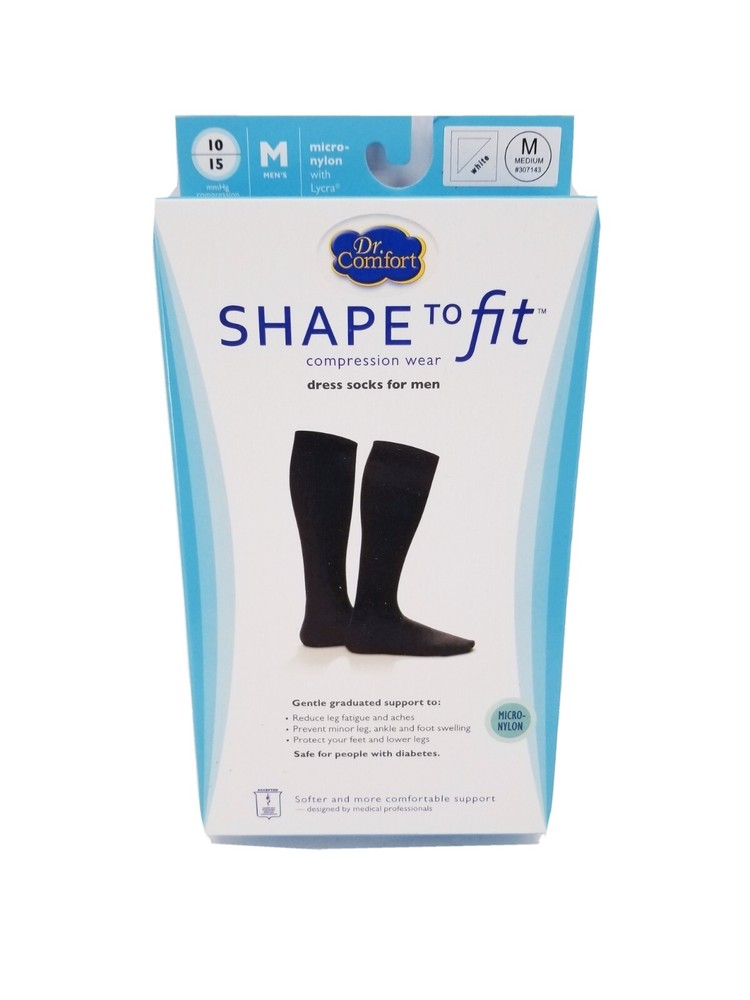Dr Comfort Shape to Fit Compression Dress Socks Mens MEDIUM 10-15 mmHg WHITE