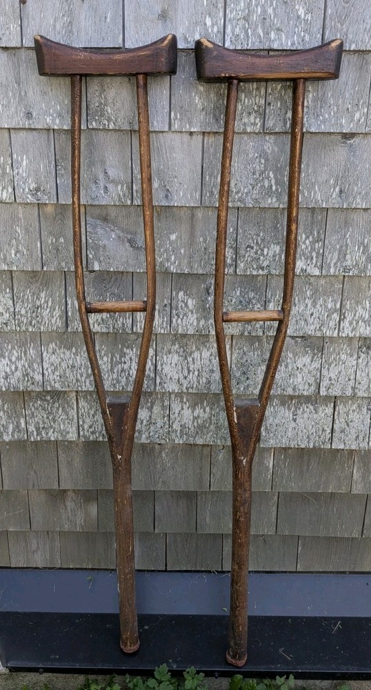 Vintage Handmade Wood Non-Adjustable Crutches Mottled Dark Patina About 48″ Tall