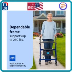 Medline Lightweight Aluminum Rollator Folding Walker 6 Inch Wheels 250lb Blue