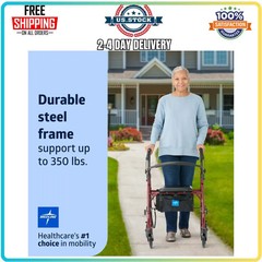 Medline Steel Rollator Walker with Seat, Foldable, Burgundy