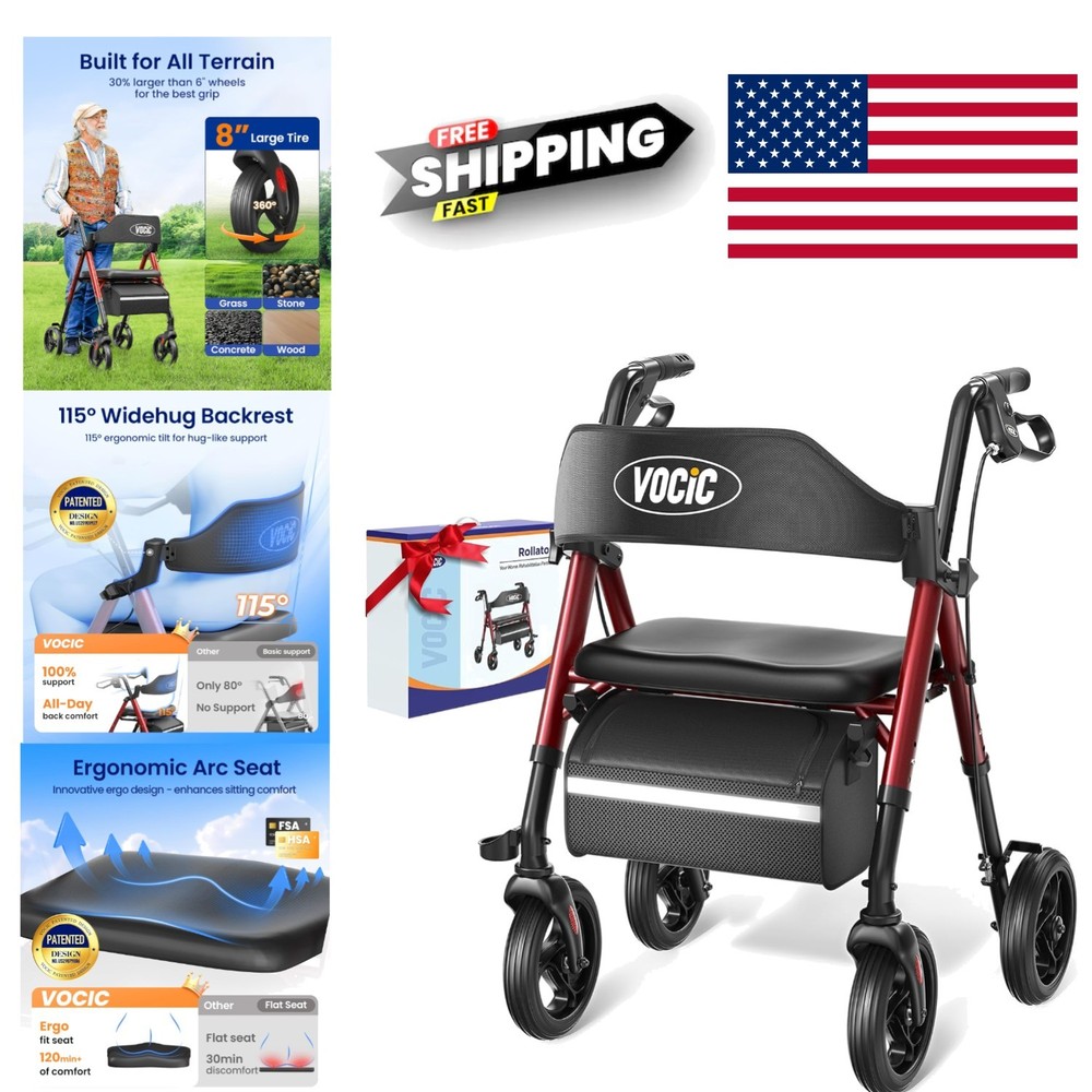 Lightweight Rollator Walker with Reflective Strips and 8 Inch All Terrain Wheels