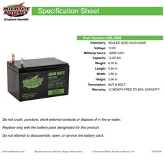 Interstate Batteries HSL1098 12V 12AH SLA AGM VRLA Battery Nut & Bolt