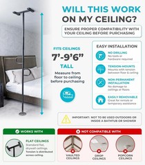 Double Handle Non-Rotating Floor to Ceiling Grab Bar, No-Drill Tension Mounte…