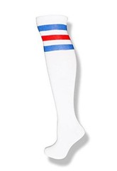 Unisex White Knee High Team Tube Socks One Size White With Blue & Red Stripes