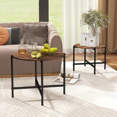 Goflame Nesting Coffee Set Of 2 Round Coffee Tables Wood Metal Frame Modern