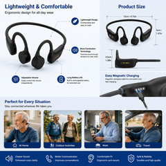 Bone Conduction Hearing Amplifier Headset Adjustable Volume Adults Seniors Black
