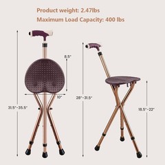 Heavy Duty Folding Cane with Seat Upgraded Tripod Design Walking Stick for Se…