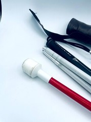 Ambutech Blind Cane White & Red Aluminum 4-Section Folding w/ Rolling Tip & Case