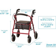 NOVA Zoom 22″ Seat Hght Foldable Rolling Walker Rollator 8″ Wheels