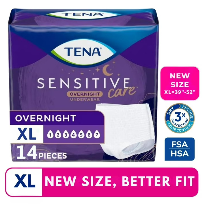 TENA Sensitive Care Overnight Underwear, XL, 14 Count (Waist size 39in-52in)