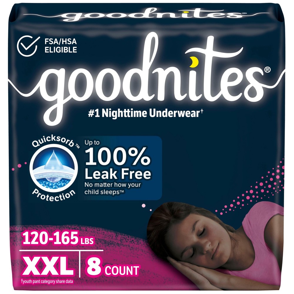 Goodnites Girls Nighttime Underwear Size XXL 120-165 lbs 8 Ct Packaging May Vary