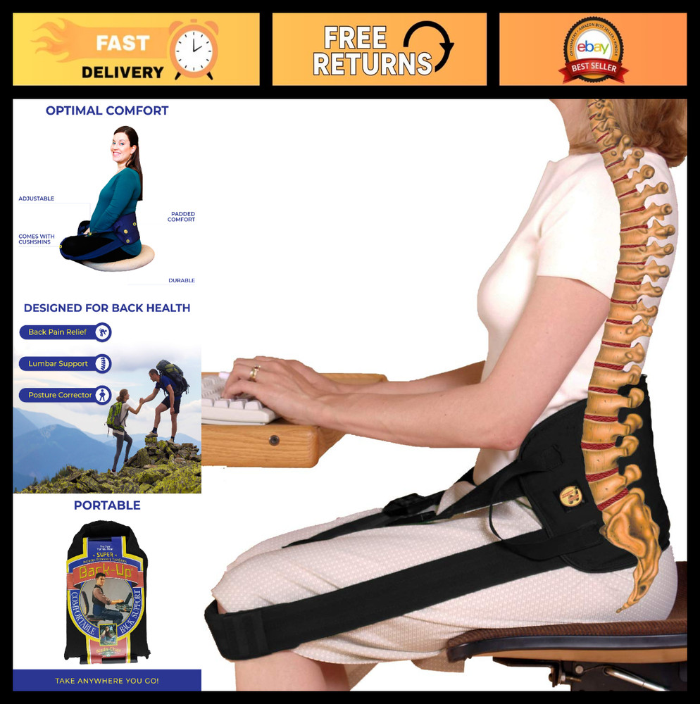 Back Support & Posture Corrector – Convertible Pouch Bag, Cushioned Comfort (Bla