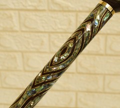 Handmade Abalone Shell Walking Cane – Wood & Brass Inlaid Walking Stick 36″
